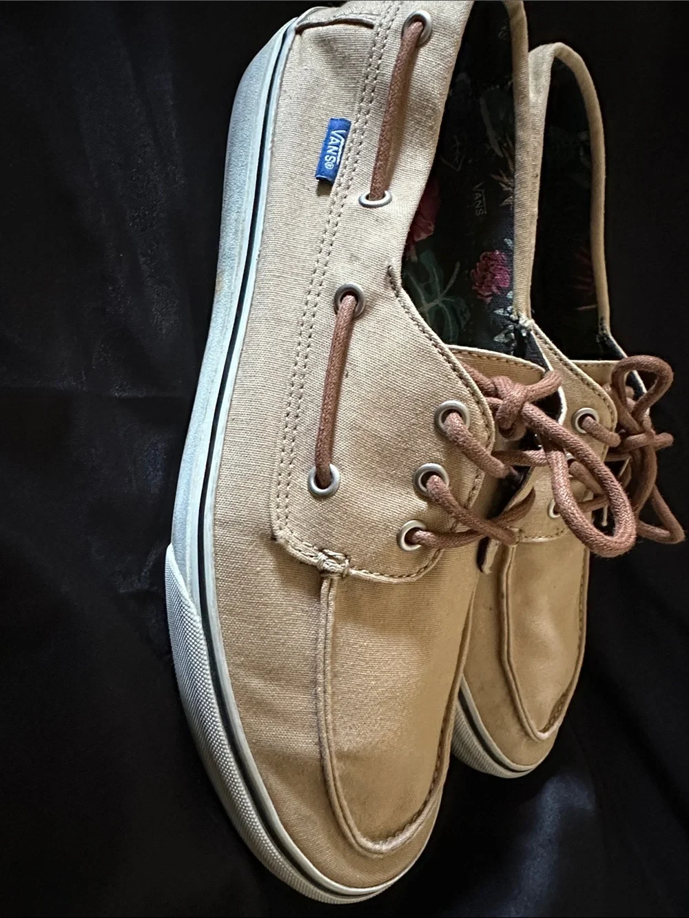VANS CHAUFFEUR SF Boat Shoes Beige Canvas Lace-Up Men's US 11.5 UK 10.5